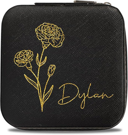 Custom Leather Jewelry Organizer Box with Name & Birth Flower – Personalized Travel Jewelry Case, Small Travel Jewelry Case, Birthday Gift for Women, Bridesmaid Proposal (Flower 3)
