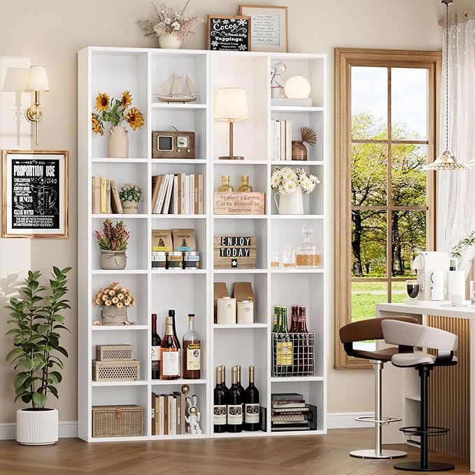 FOTOSOK 71'' Tall Bookshelf with 14 Cubes, 7 Tier Double Wide White Bookshelf with 6 Adjustable Shelves, 19.6" Narrow Bookcase DVD/CD Media Storage, Space Saving Display Shelf Cabinet, White