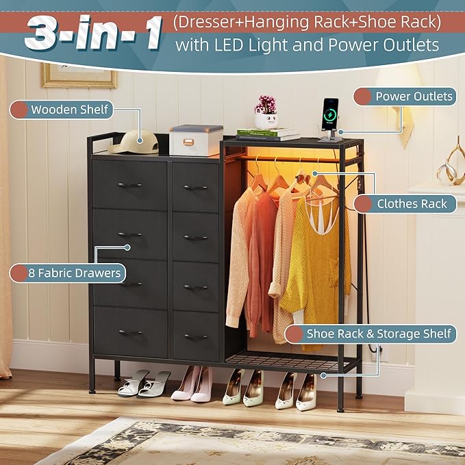 Dresser with Hanging Rack, 8-Drawer Dresser for Bedroom with Charging Station & LED Lights, Kids Dressers with Shoe Rack, Chest of Drawers with Wooden Top for Bedroom, Kids Room, Black, 11.8"D