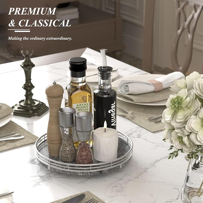 Gray Marble Lazy Susan Turntable for Table Top – 10” Round Marble Tray Organizer for Dining Table, Kitchen Countertop & Bar, Luxury Stone Serving Tray with Silver Frame