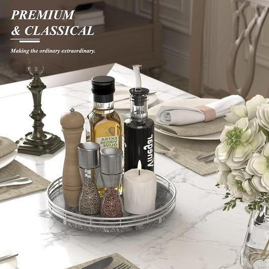 Gray Marble Lazy Susan Turntable for Table Top – 10” Round Marble Tray Organizer for Dining Table, Kitchen Countertop & Bar, Luxury Stone Serving Tray with Silver Frame