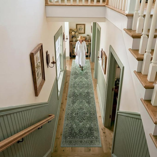 RELEANY Area Rugs Runner 3'x12' Washable Non-Slip, Floral Vintage Distress Medallion Carpet for Kitchen Hallway Bedroom Beside Laundry Room Bathroom, Dark Green Gray