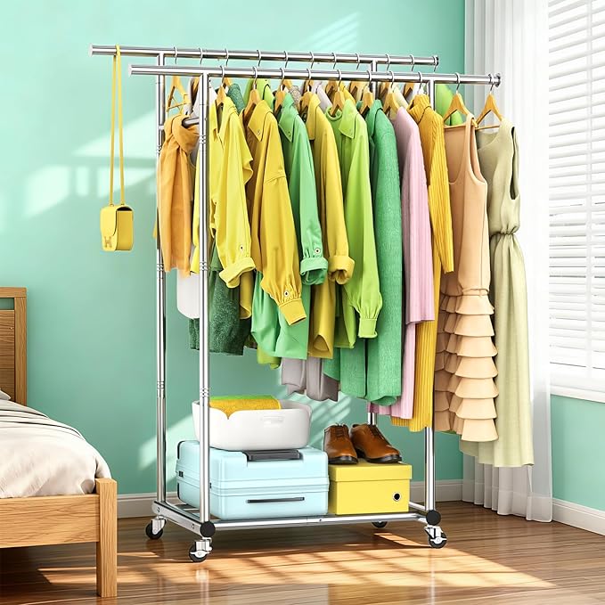 Double Rods Clothing Rack for Hanging Clothes, 100% Stainless Steel Clothes Rack, Portable Sturdy Clothes Rack with Wheels, Easy Installation Rolling Coat Rack, Freestanding for Home Conmercial Store