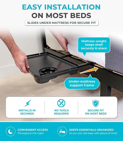 Stander Wonder Bedside Shelf, Bedside Caddy Organizer & Bunk Bed Shelf, Space-Saving Floating Nightstand for Seniors & Dorm Rooms, Bedside Tray Table with Phone Holder, Cup Holder & Cable Organizer
