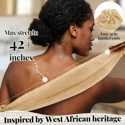 African Net Sponge Authentic-4 Packs African Exfoliating Net Sponge,Bath Sponges for Shower,42 inch Long for Normal to Sensitive Skin, for Daily use, Body Exfoliator Shower(Linen&Brown&Black&Grey)