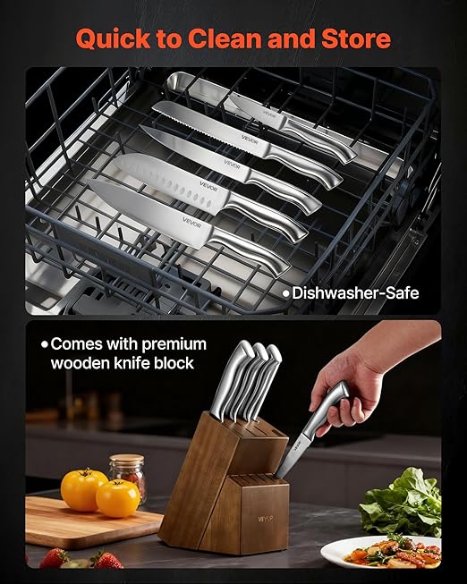 VEVOR Kitchen Knife Set with Block and Sharpener, 15 Piece German High Carbon Stainless Steel Sharp Knife Set, Kitchen Cutlery with Ergonomic Handle, Sharpening Rod and Wooden Block, for Home Cooks