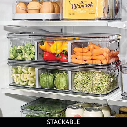 iDesign Large Fridge Organizer Bin with Removable Divider and Lid - Set of 3 - Clear/Gray