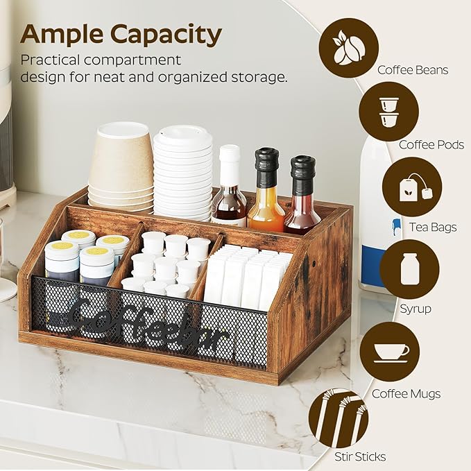 YATINEY Coffee Pod Organizer, Wooden Coffee Bar Organizer for Countertop, Versatile Pod Holder with Dividers, Holds Syrup, Cups, Tea Bags, Easy Assembly, Rustic Brown KH11BR