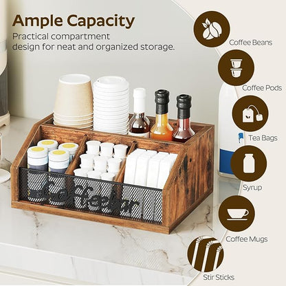 YATINEY Coffee Pod Organizer, Wooden Coffee Bar Organizer for Countertop, Versatile Pod Holder with Dividers, Holds Syrup, Cups, Tea Bags, Easy Assembly, Rustic Brown KH11BR
