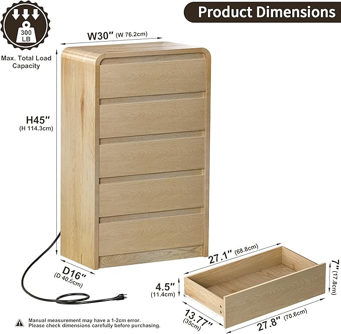 Tall Dresser with 5 Drawers, 45" Modern Wood Chest of Drawers & Closet Organizer, Skinny Cabinet with Curved Design for Bedroom, Living Room, Hallway (Natural, 5 Drawer)