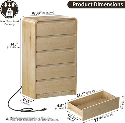 Tall Dresser with 5 Drawers, 45" Modern Wood Chest of Drawers & Closet Organizer, Skinny Cabinet with Curved Design for Bedroom, Living Room, Hallway (Natural, 5 Drawer)