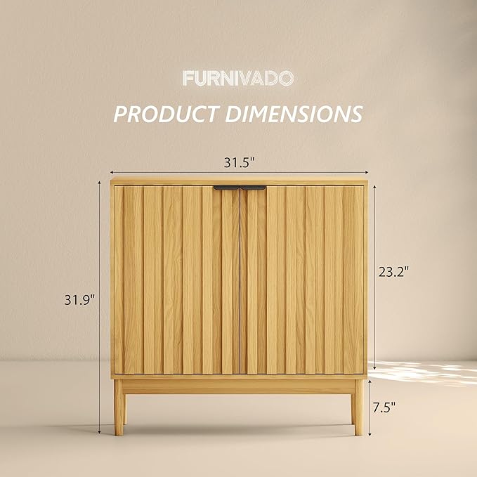 Fluted Cabinet with Storage, Buffet Cabinet Sideborad with 2 Doors, Natural Buffet Storage Accent Cabinets with Adjustable Shelves for Living Room, Entry, Hallway, Kitchen