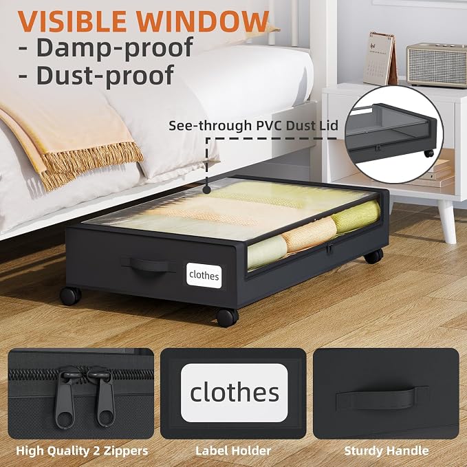 Somdot Under Bed Storage with Wheels, 4 Pack Bed Storage Containers with Dividers & Clear Lids, Easy Pull-out Metal Drawer for Clothes, Shoes,Toys, Blankets (Black)