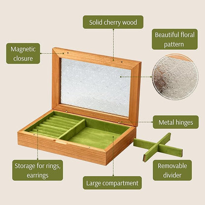 Wooden Jewelry Box for Women, Medium Size Natural Solid Cherry Wood Vintage Trinket Organizer with Large Storage, Ring Compartments, Built in Necklace Hooks, Glass Lid, ek06-m-cherry