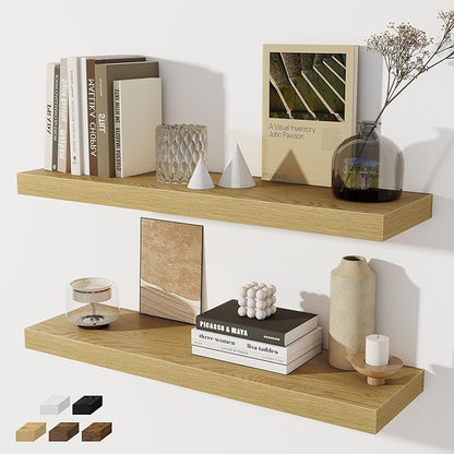 Fun Memories Floating Shelves - 2 Pack 30 Inch Long Rustic Wooden Wall Shelves - 8 Inch Deep Wall Mounted Storage Shelf with Invisible Heavy-Duty Brackets for Books, Bathroom, Kitchen - Oak
