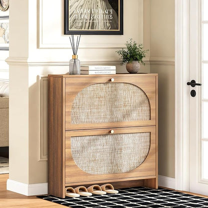 Nicetree Freestanding Ultra Slim Arched Rattan Accent Shoe Storage Cabinet for Entryway - 2 Flip Drawers & 3-Tier Adjustable Shelves, Farmhouse Modern Rustic Shoe Rack for Hallway Foyer,Oak