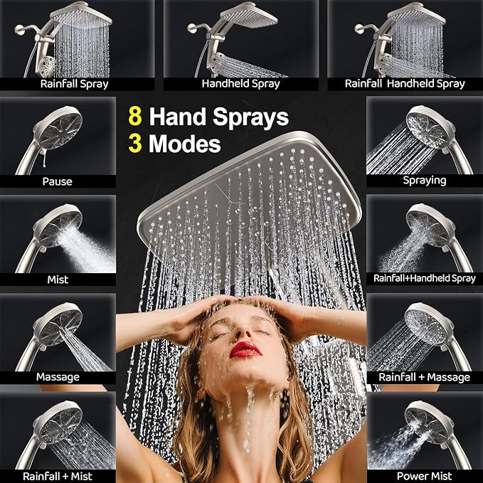 Rain Shower Head with filtered Handheld High Pressure rainfall Shower Heads with Handheld Spray Combo Adjustable one-piece stand daul shower head Built-in Magnetic Docking and Power Jets-brush nickel