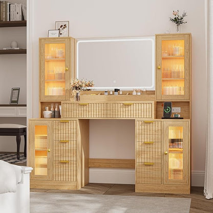 Fluted Makeup Vanity Desk with Mirror and Lights, 55" Glass Top Vanity with 8 Drawers & 4 RGB Glass Cabinets, Adjustable Shelves & Power Outlet, Modern Dressing Table Set for Women Girls Bedroom