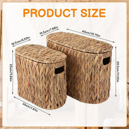 2 Pcs Toilet Paper Storage Baskets with Lids and Built-in Handles Water Hyacinth Toilet Paper Baskets for Bathroom Home Accessories Organizer