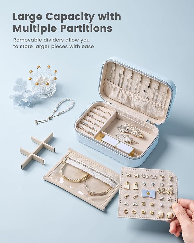 Lolalet Travel Jewelry Case for Women Girls, Travel Jewelry Organizer with Clear Storage Bag Small Portable Jewelry Box for Necklace Bracelet Earring Ring Valentines Bridesmaid Gifts -Medium/Blue