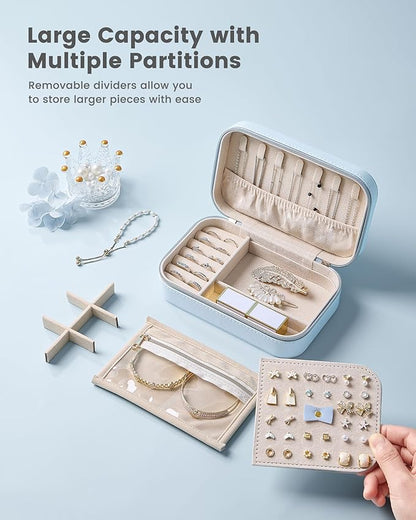 Lolalet Travel Jewelry Case for Women Girls, Travel Jewelry Organizer with Clear Storage Bag Small Portable Jewelry Box for Necklace Bracelet Earring Ring Valentines Bridesmaid Gifts -Medium/Blue