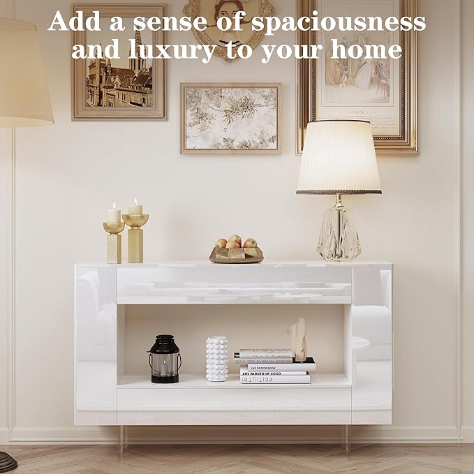 47" High Gloss Console Table with Hidden Side Storage Cabinets, Adjustable Shelves, Modern Entryway Sofa Table for Behind The Couch, Living Room, Hallway, White