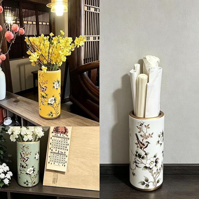 Ceramic Entryway Umbrella Stand,Handmade Appliques Chinese Umbrella Stand Barrels,Vintage Floor Standing Cane Holder Placed & Flower Vases for Hotel Office Home Entrance,B,17.3in