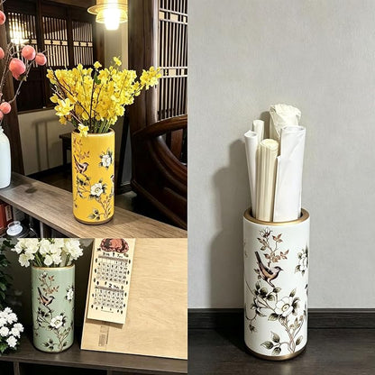 Ceramic Entryway Umbrella Stand,Handmade Appliques Chinese Umbrella Stand Barrels,Vintage Floor Standing Cane Holder Placed & Flower Vases for Hotel Office Home Entrance,E,17.3in