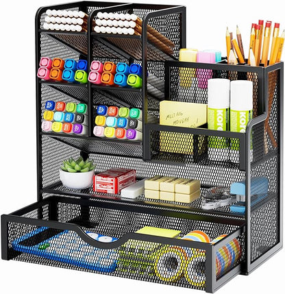 Marbrasse Mesh Pen Holder for Desk, Multi-Functional Pencil Organizer with Drawer, Desk Organizers and Accessories for Office Art Supplies (Black)
