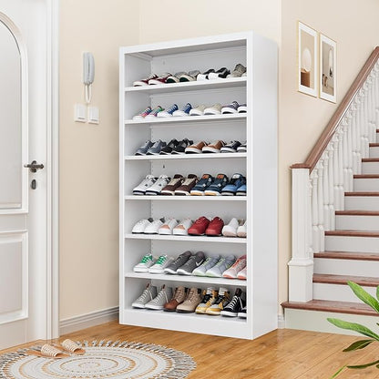 7-Tier Heavy Duty Steel Storage Shoe Rack - Adjustable Shelving Unit with Back Panel for Home, Office & Garage Use - 55" Tall Metal Shoe Organizer Shelf (White, 7 Tier-55 H*27.6W)