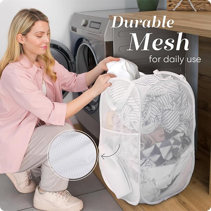 Pop Up Hamper, Collapsible Mesh Laundry Basket - Handy Laundry 71L Foldable Clothes Hamper with Reinforced Handles, Wide Opening and Side Pocket for Dorm, Travel, Cruise, Bedroom (White)