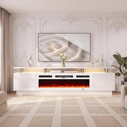 90" TV Stand for Living Room, Large Entertainment Center & Media Console, Fits TVs up to 100", Storage Cabinet with Shelves, 50" Electric Fireplace, All White