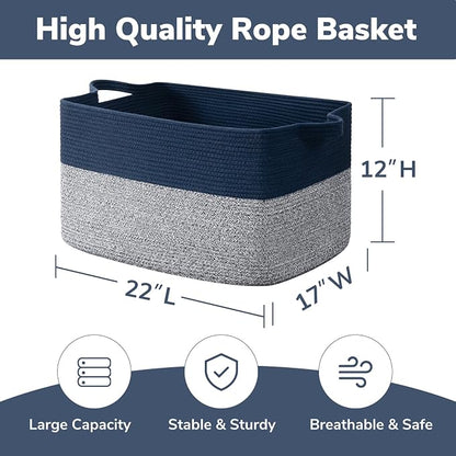 Goodpick Large Blanket Basket 22" x 17" x 12" Woven Storage Baskets for Organizing, Decorative Cotton Rope Basket for Living Room Home Decor, Toy Baskets for Kids, Mixed Blue