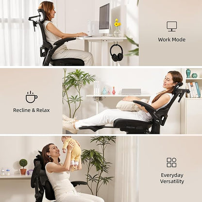 CabLady S2 Petite Ergonomic Office Chair for Women, Small Frame Desk Chair with Adjustable Lumbar, Headrest & Footrest, Space-Saving Flip-Up Armrests