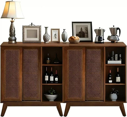 LKTART Mid Century Modern Storage Cabinet with Rattan Sliding Doors and Open Shelves, Boho Style Wooden Sideboard Buffet for Living Room,Dark Walnut