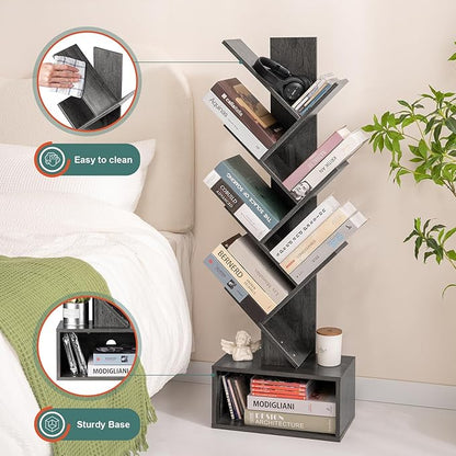 Yoobure Tree Bookshelf - 6 Shelf Retro Floor Standing Bookcase, Tall Wood Book Storage Rack for CDs/Movies, Utility Book Organizer Shelves for Bedroom, Living Room, Home Office, Dark Grey