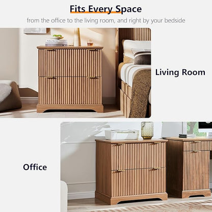 2 Drawer File Cabinet With Charging Station, 30" Fluted Lateral File Cabinet w/Files Hanging Rod for Letter/Legal/A4, Large Tabletop for Printer, Office Wood Printer Cabinets, Dark Chestnut Wood
