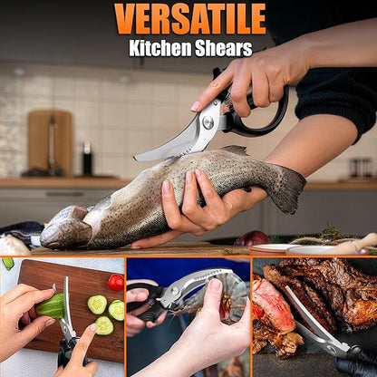 Poultry Shears Heavy Duty – Stainless Steel Chicken Shears with Spring Loaded Design, Non-Slip Serrated Edge & Safety Lock, Dishwasher Safe – Bone Cutting Scissors for Turkey, Poultry & Spatchcock