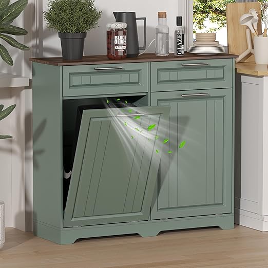 Double 10 Gallon Tilt Out Trash Can Cabinet with Deodorizing Function and Power Outlet, Wooden Hidden Garbage Can Holder with 2 Storage Drawers for Kitchen, Laundry Hamper Cabinet for Bathroom, Green