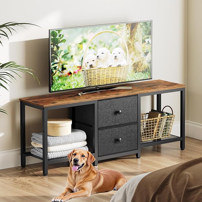 YATINEY TV Stand for TVs up to 55", Entertainment Center with 2 Fabric Drawer, Media Console with Shelves, Television Stands for Living Room, Bedroom, Rustic Brown and Black DS02BR