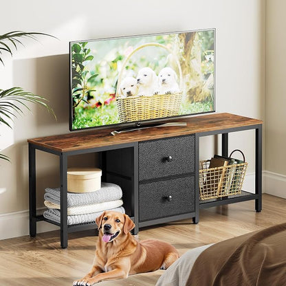 YATINEY TV Stand for TVs up to 55", Entertainment Center with 2 Fabric Drawer, Media Console with Shelves, Television Stands for Living Room, Bedroom, Rustic Brown and Black DS02BR