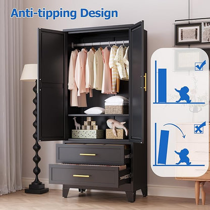 Steel Armoire Wardrobe Closet with Mirror, 71" Metal Clothes Storage Cabinets with 2 Doors, 1 Adjustable Shelf, 2 Drawers, Metal Wardrobe Cabinet with Hanging Rod for Bedroom, Gym, Cloak(Black)