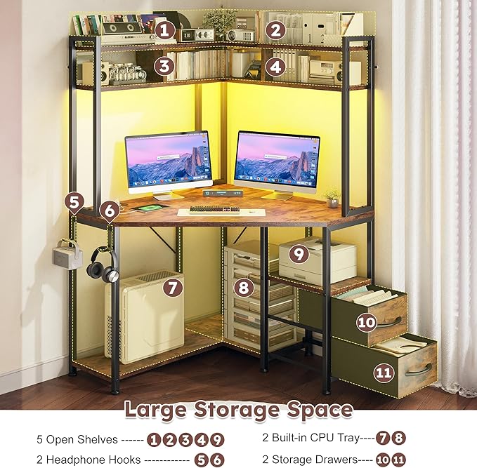 Corner Desk,35.4" W x 63" H Office Desk and Computer Desk with Hutch & LED Lights，Gaming Desk with Storage Drawers & Shelves and Hook for Small Space,Rustic Brown