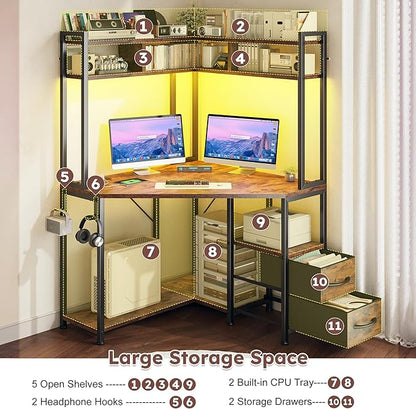 Corner Desk,35.4" W x 63" H Office Desk and Computer Desk with Hutch & LED Lights，Gaming Desk with Storage Drawers & Shelves and Hook for Small Space,Rustic Brown