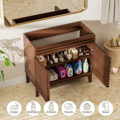 ROOMTEC 36" Bathroom Vanity, Mid-Century Freestanding Bathroom Cabinet Vanity with Storage, Particleboard Frame with Wood Grain Laminate, Walnut (Sink Basin Not Included)