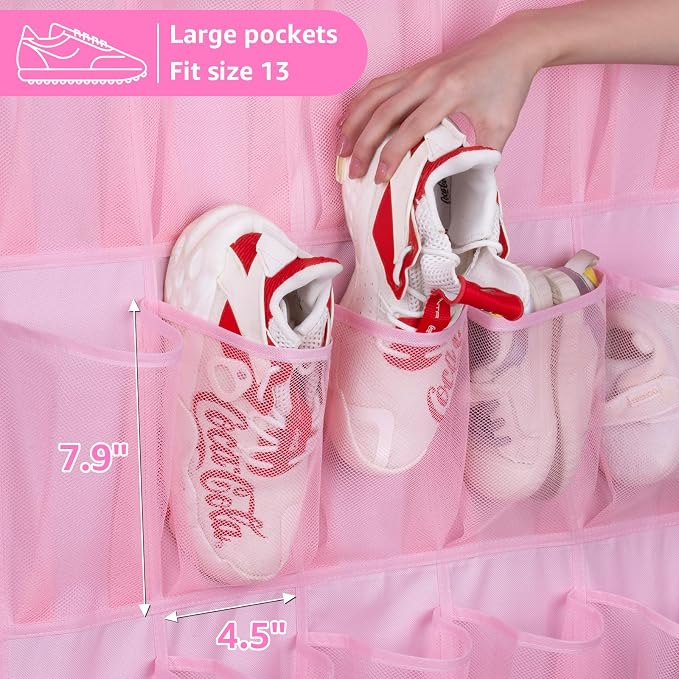 MISSLO 35 Large Pockets Over The Door Shoe Organizer Sturdy Oxford Fabric Hanging Shoe Rack for Door Mesh Closet Shoe Holder Hanger, Pink