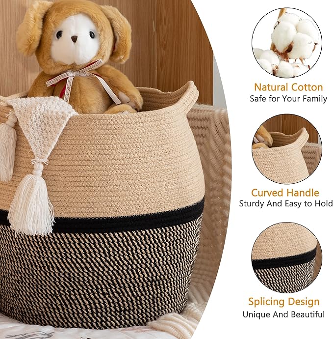 KAKAMAY Woven Baskets for Storage(17"x17"),Large Cotton Rope Woven Baby Laundry Hamper,Collapsible Laundry Basket, Blanket Basket for Organizing Living Room,Nursery,Clothes,Toy chest (Black)