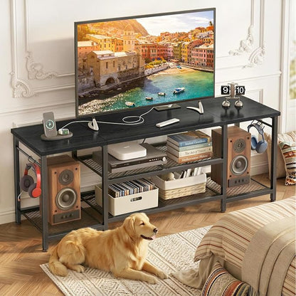 YGEOMER TV Stand for Up to 65 Inch TVs, Entertainment Center with Power Outlet and Open Storage Shelves, TV Media Console Table for Living Room and Bedroom, Black