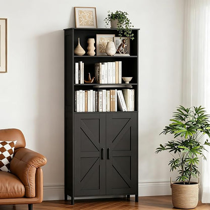 Homhedy 67" Tall Bathroom Storage Cabinet, Freestanding Farmhouse Cabinet with 2 Doors and Adjustable Shelf, Bathroom Organizers and Storage for Kitchen, Living Room, Laundry Room, Black