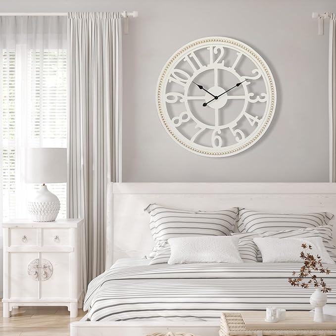RiteSune Farmhouse Wall Clock 30 Inch, Large Wall Clock with Boho Beads, Wooden Silent Wall Clocks Battery Operated Easy Read, Clocks for Wall Decor
